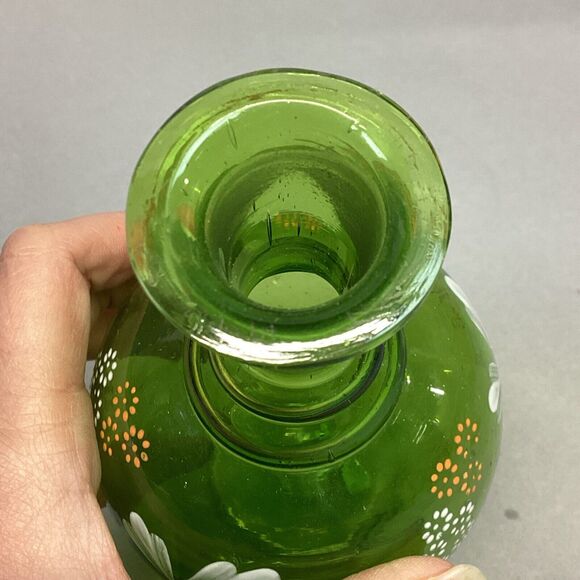 Green Glass Vase With Hand Painted Flowers - 6.75” - Picture 7 of 9